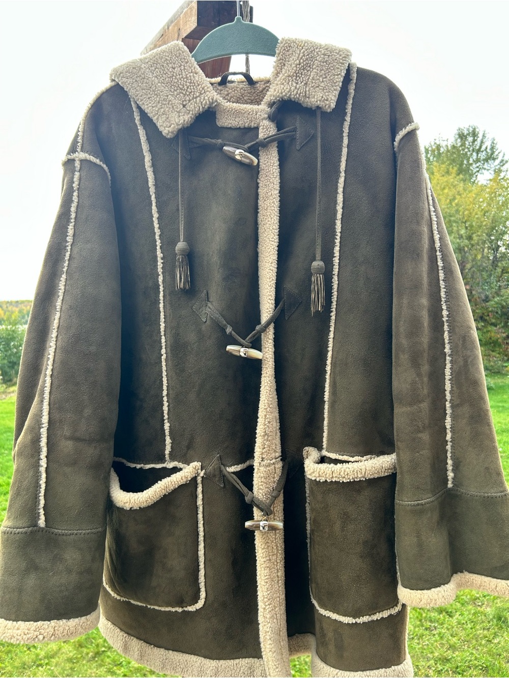 Women's Olive Suede & Shearling Toggle Coat- Cream Shearing Trim Made in 🇮🇹